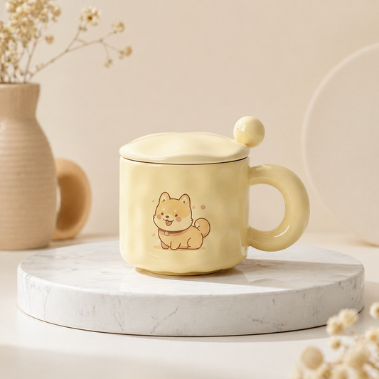 Cute Shiba Inu Coffee Mug with Lid – Kawaii Dog Mug Gift for Shiba Lovers
