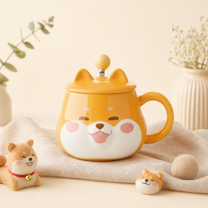 Cute Shiba Inu Face Coffee Mug with Lid – Kawaii Dog Mug Gift for Shiba Lovers