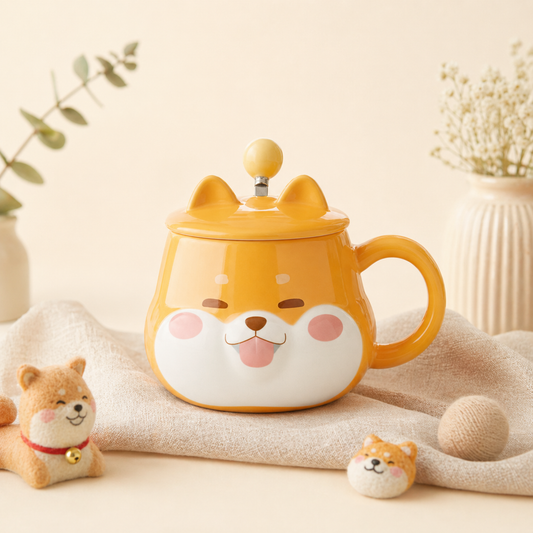 Cute Shiba Inu Face Coffee Mug with Lid – Kawaii Dog Mug Gift for Shiba Lovers