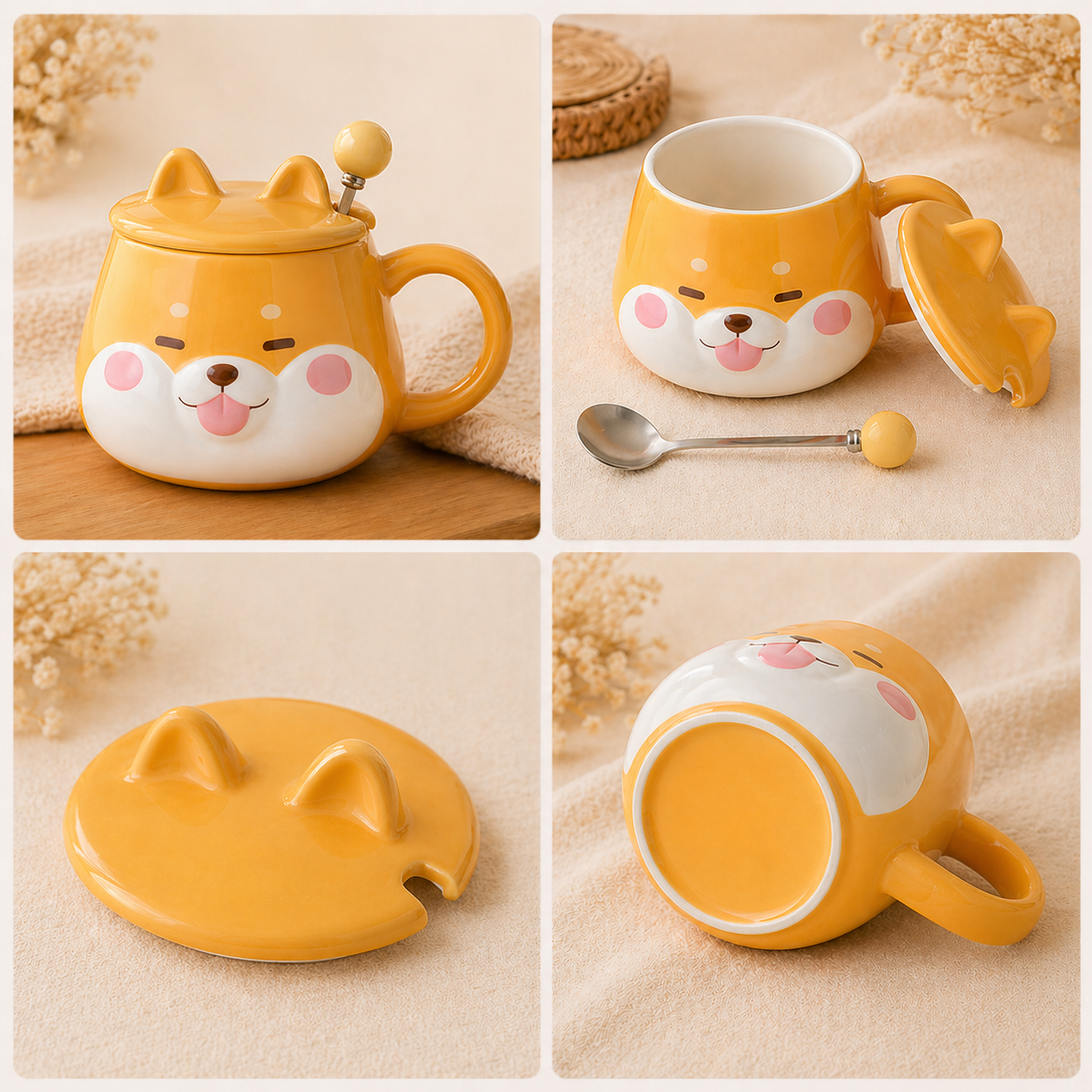 Cute Shiba Inu Face Coffee Mug with Lid – Kawaii Dog Mug Gift for Shiba Lovers