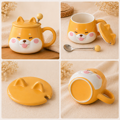 Cute Shiba Inu Face Coffee Mug with Lid – Kawaii Dog Mug Gift for Shiba Lovers