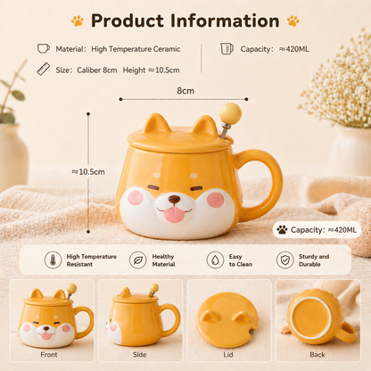 Cute Shiba Inu Face Coffee Mug with Lid – Kawaii Dog Mug Gift for Shiba Lovers