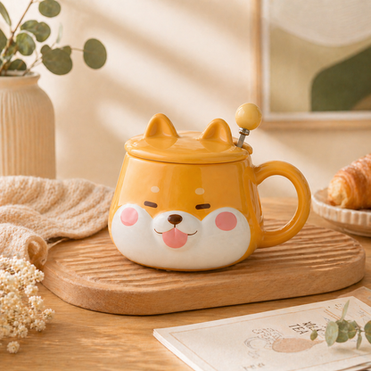 Cute Shiba Inu Face Coffee Mug with Lid – Kawaii Dog Mug Gift for Shiba Lovers