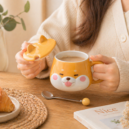 Cute Shiba Inu Face Coffee Mug with Lid – Kawaii Dog Mug Gift for Shiba Lovers