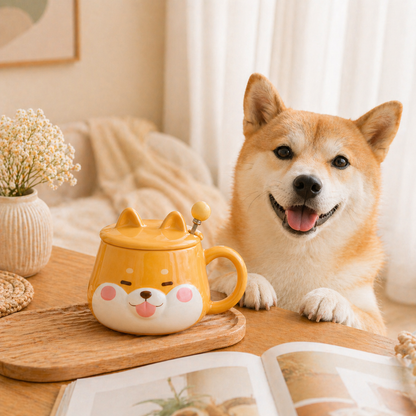 Cute Shiba Inu Face Coffee Mug with Lid – Kawaii Dog Mug Gift for Shiba Lovers