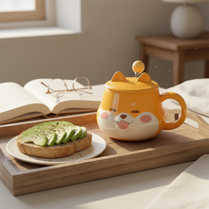 Cute Shiba Inu Face Coffee Mug with Lid – Kawaii Dog Mug Gift for Shiba Lovers