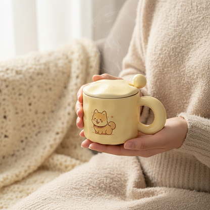 Cute Shiba Inu Coffee Mug with Lid – Kawaii Dog Mug Gift for Shiba Lovers