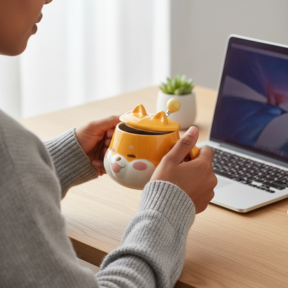 Cute Shiba Inu Face Coffee Mug with Lid – Kawaii Dog Mug Gift for Shiba Lovers