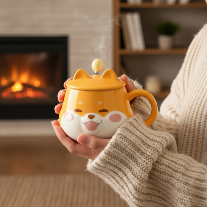 Cute Shiba Inu Face Coffee Mug with Lid – Kawaii Dog Mug Gift for Shiba Lovers