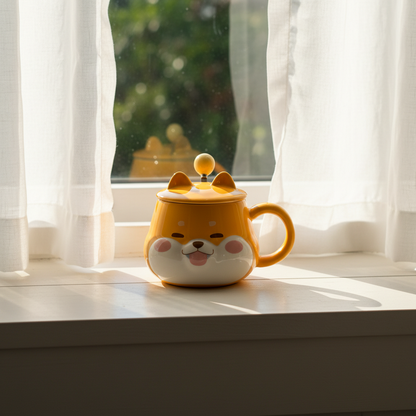 Cute Shiba Inu Face Coffee Mug with Lid – Kawaii Dog Mug Gift for Shiba Lovers